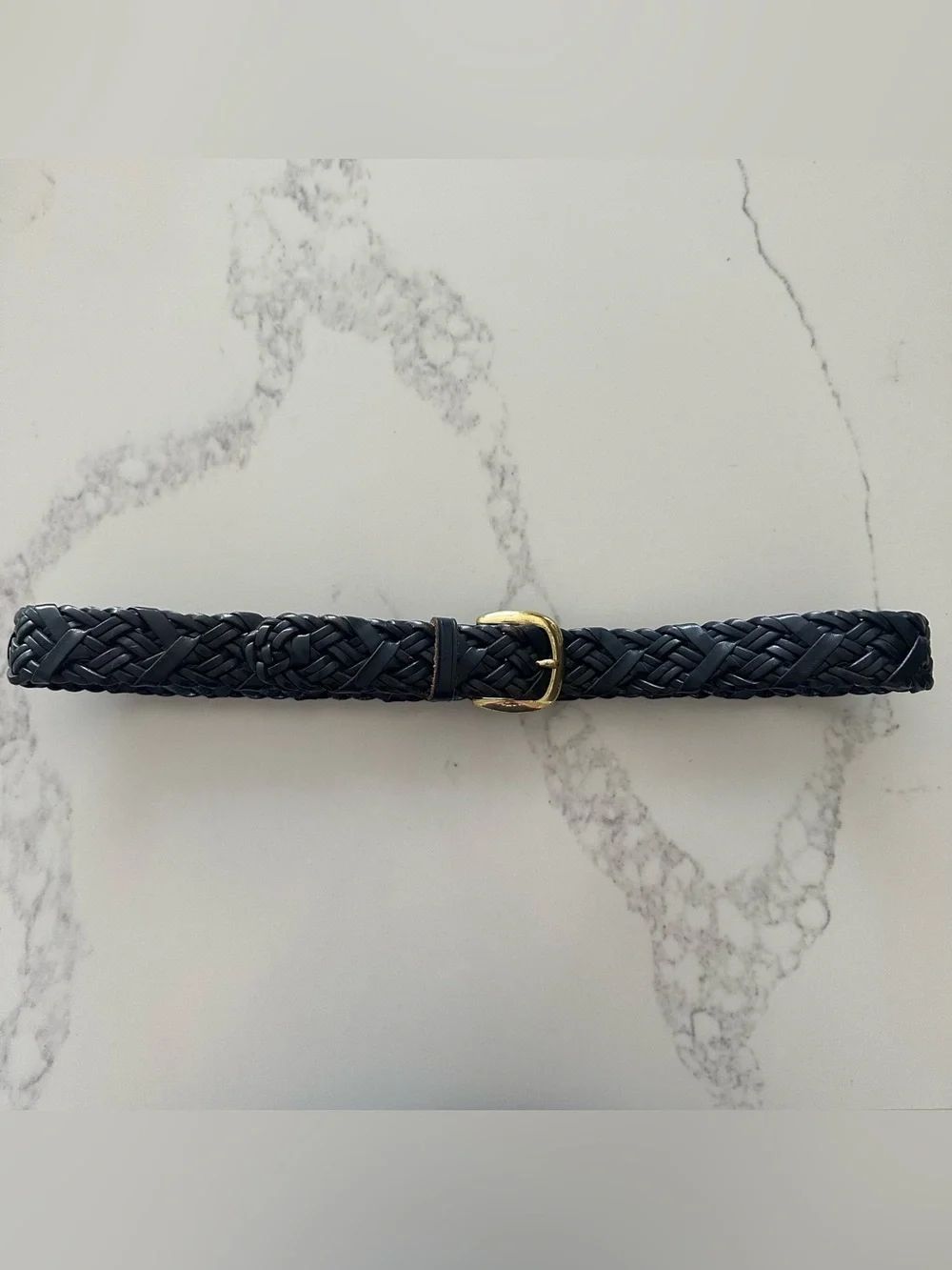 Vintage Talbots Braided Leather Belt Solid Brass Square Buckle Gloss Navy Large